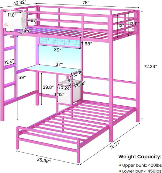DICTAC Bunk Bed Twin Over Twin with Desk and Storage Metal L-Shaped Bunk Beds with Led Lights & Charging Station,Pink bunk Beds for Kids with Safety Guardrail and Ladder,Girls Bed,No Box Spring Needed