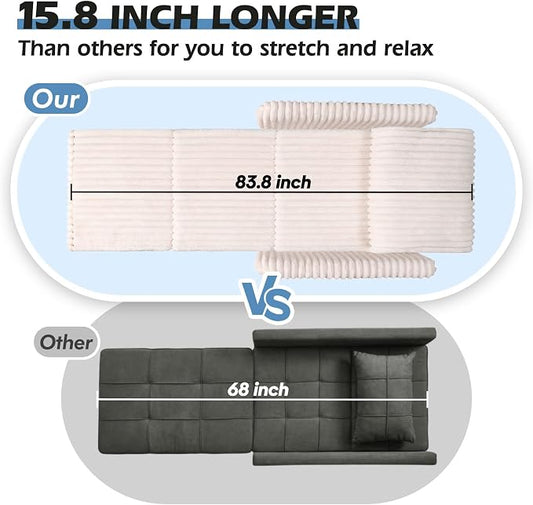 Sleeper Chair, 84" Extra Long Convertible Chair Bed, Upgraded 3-in-1 to 4-in-1 Pull Out Chair & Single Sofa Bed for Adult, Sleeping Chairs for Living Room, Small Space Faux Rabbit Fur White