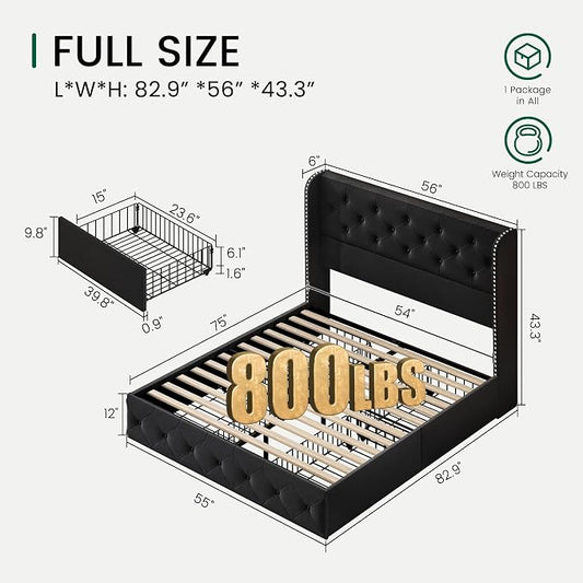 LARMACE Full Size Bed Frame with 4 Storage Drawers and Wingback Headboard Velvet Upholstered Platform Bed Frame Tufted Beds with Wooden Slats Support, Easy Assembly, Black