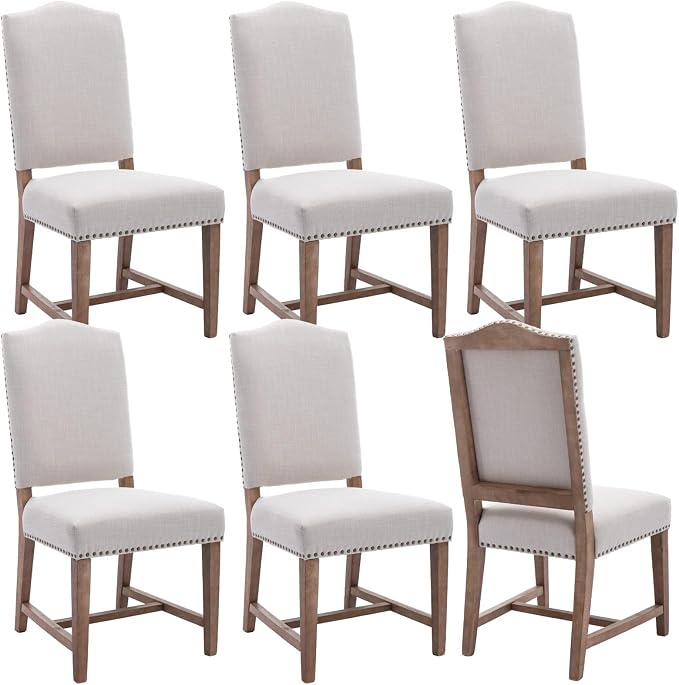 ROCITY Linen Dining Chairs Set of 6 Beige Upholstered Dining Room Chairs Farmhouse Kitchen Side Chairs with Wooden Legs&Nailhead Trim