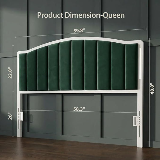 Headboard for Queen Size Bed with LED Lights, Upholstered Vertical Channel Tufting Head Boards, Velvet Headboard Only, Attach Frame, Ideal for Bedroom, Dorm, Guest Room, Green