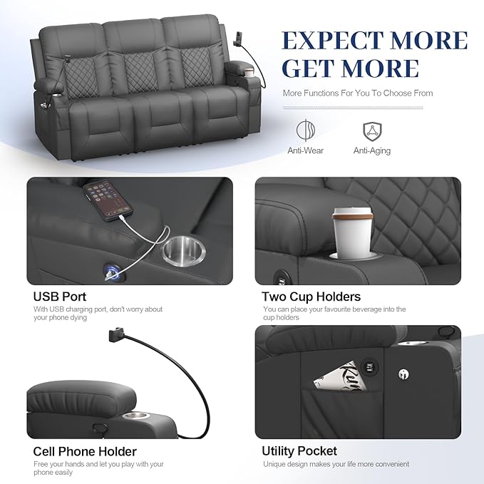 3 Seater Recliner Sofa, Home Theater Seating with Storage & Pocket, 3 Seat Reclining Couch with USB Ports & Phone Holders, Wall Hugger RV Sofa Furniture Loveseat Recliner Couch
