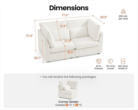 77" Oversized Corduroy Couch Modular Sectional Sofa, Washable Cloud Couch Sectional, 2 Seater Sectional Couches for Living Room, Fully Cover Removable, Loveseat Sofa, Corduroy, White
