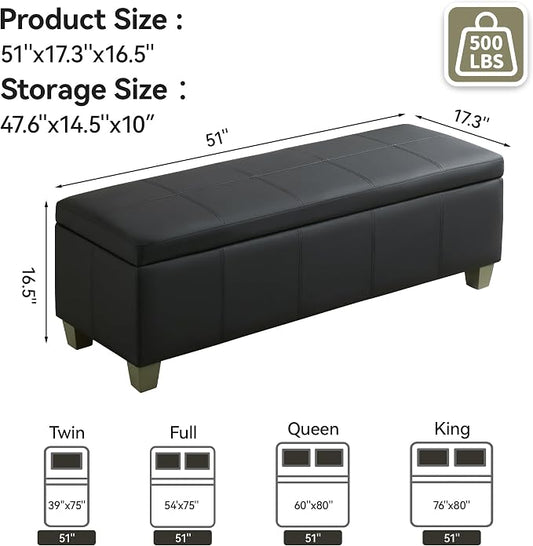 WUTUTUEE 51" Faux Leather Storage Ottoman, Stitch Tufted Rectangle Upholstered End of Bed Storage Bench, Entryway Large Couch Ottoman with Wooden Legs, Dark Black