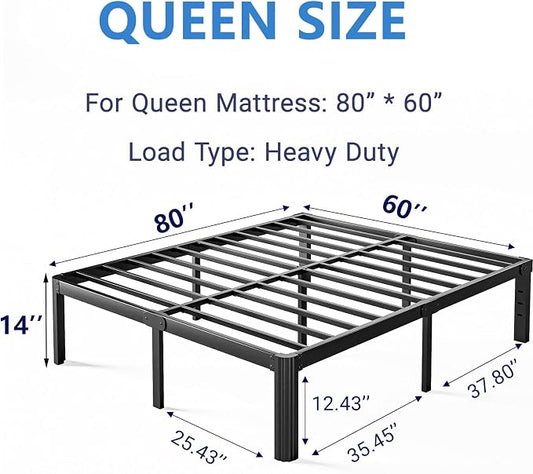 14 Inch High Platform Queen Bed Frame No Box Spring Needed, Metal Bed Frame Queen Size, Noise Free, Easy Assembly, Heavy Duty, Black