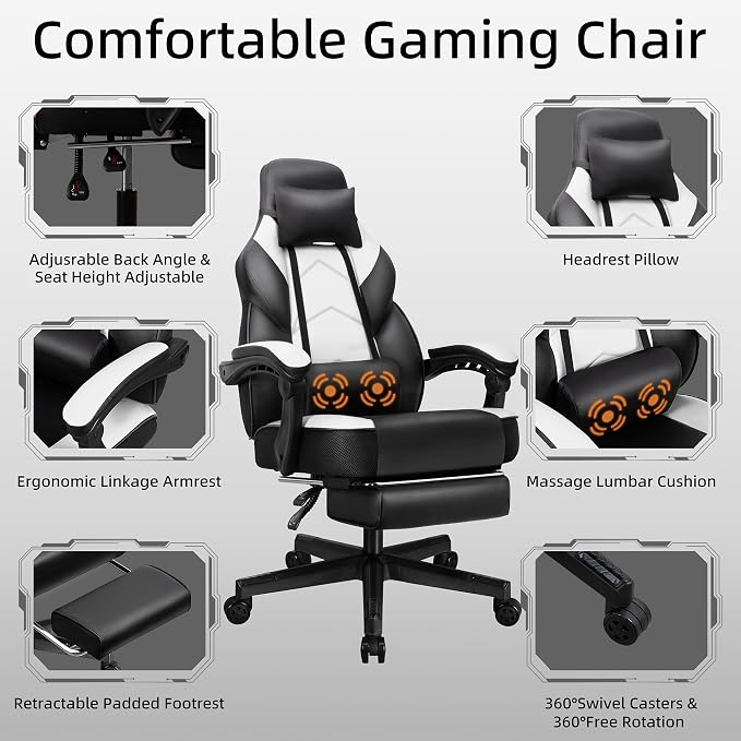 Shintenchi Gaming Chair,Video Game Chair with footrest and Massage Lumbar Support,Height Adjustable Game Chair with 360°Swivel Seat Ergonomic Computer Chair with Headrest for Office or Gaming(White)