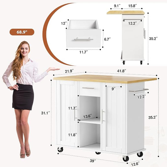 JY QAQA 42" Rolling Kitchen Island Cart with Storage, Drop Leaf Countertop, Drawers & Towel Rack, Mobile Kitchen Table on Wheels for Kitchen Dining Room, White