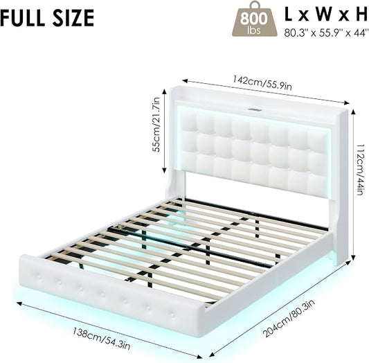 Keyluv Full Floating Bed Frame with Storage Headboard, LED Lights & Charging Station Platform Bed, Soft Upholstered PU Leather, USB/Type-C Ports, Easy Assembly, White