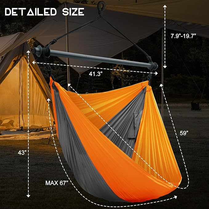 Hammock Chair, Portable Large Hanging Rope Swing, Lightweight Nylon Parachute, Max 500 Lbs, Detachable Metal Support Bar Hammock Chair Swing for Outdoor, Indoor, Bedroom (Orange, Dark Gray)