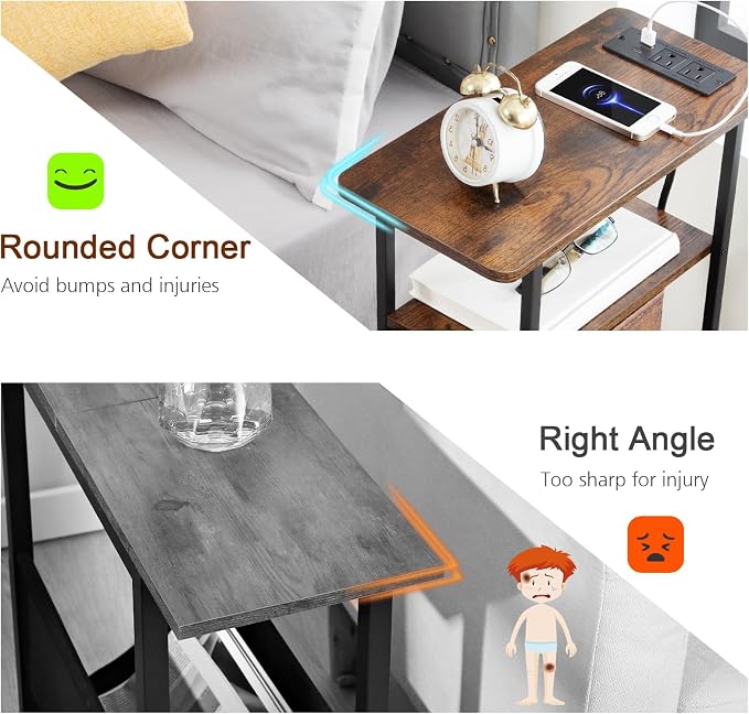 LOAKEKEL Narrow End Tables Living Room Set of 2 with Charging Station, Skinny Side Table with Fabric Drawers, Slim LED Nightstand for Bedroom, Small Spaces, Couch, Rustic Brown, HETNDP03LPBR
