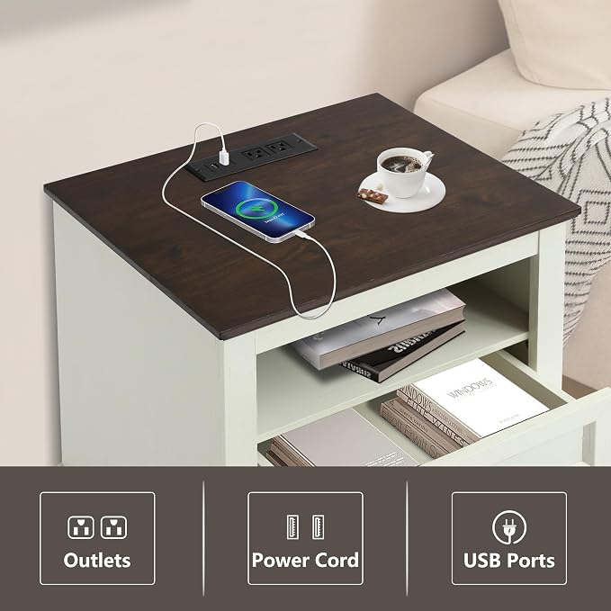 LOUVIXA Farmhouse Bedroom Sets of 4, Including 9 Drawer Dresser, 5 Drawer Dressers and Nightstand Set of 2 with Charging Station (Off White Sets, 3 Pieces-9 Drawer Dresser+2 Nightstand)