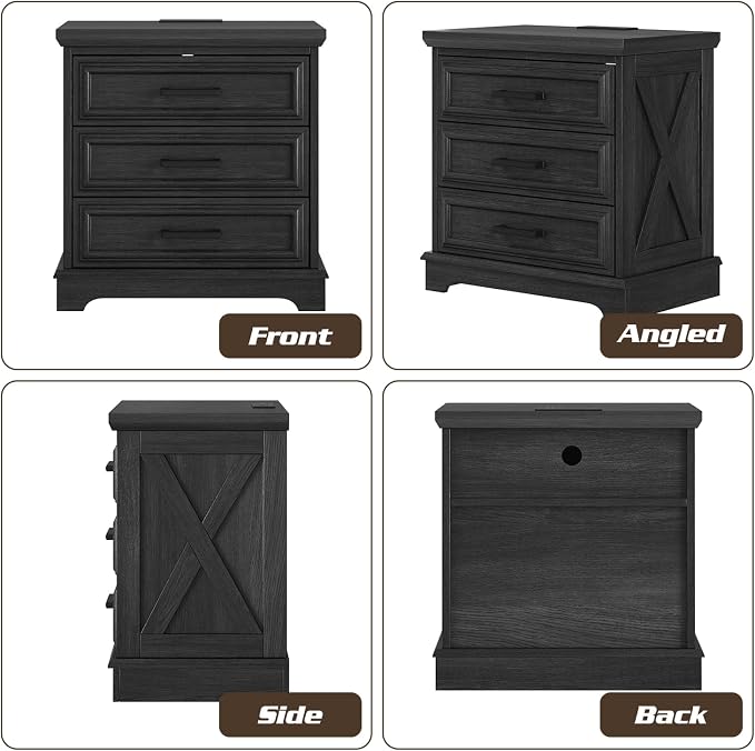 knoworld 24 Inch Wide Farmhouse Nightstands with Charging Station, Dark Gray Nightstand with 3 Large Drawers, Rustic Wood End Table for Bedroom