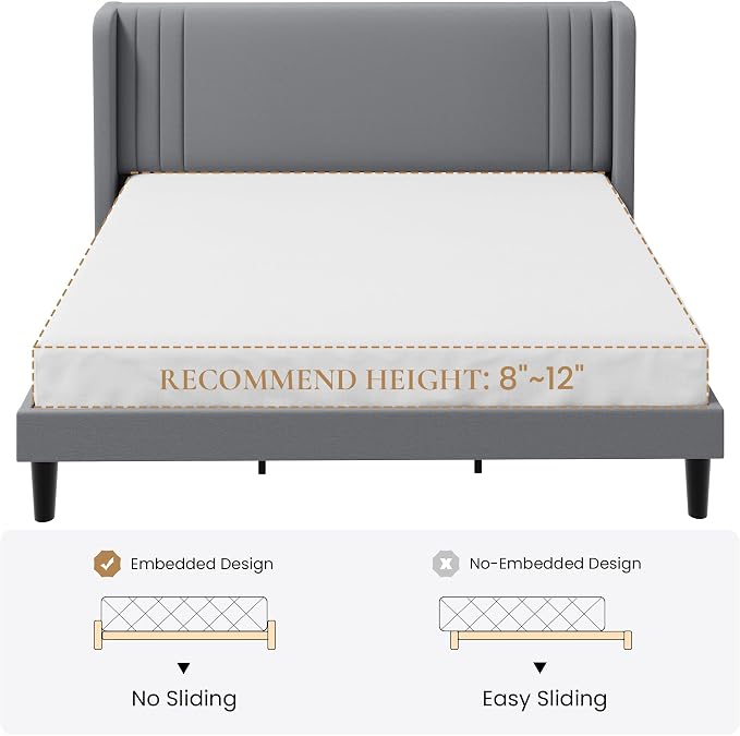 SHA CERLIN King Size Velvet Upholstered Platform Bed Frame with Vertical Channel Tufted Wingback Headboard, Wooden Slats Support, Easy Assembly, Under Bed Storage, No Box Spring Required, Grey