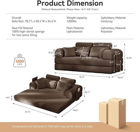 Upgrade High Backrest Design Sofa Bed with Fixed-Shape Frame & Removable Armrests and Backrest, Corduroy Fabric, Convertible Mattress Couch for Small Spaces - No Assembly Needed (Brown)