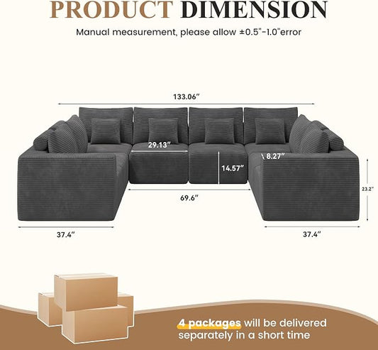 Modern U Shaped Modular Sectional Sofa, Convertible Oversized Cloud Couches for Living Room, Comfy 8 Seater Corduroy Boneless Couch Sofa Set, No Assembly Required, Beige 1 PCS