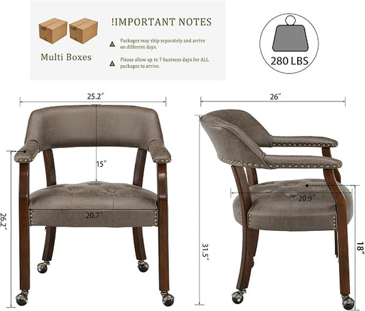 LEEMTORIG Set of 8 Dining Chairs with Casters and Arms, Rolling Dining Chairs with Wheels for Elderly, Ergonomic Wide Seat Wooden Office Chair, 26" Dx25.2 W, Cherry Legs&Dark Brown Fabric SY-1533-DK