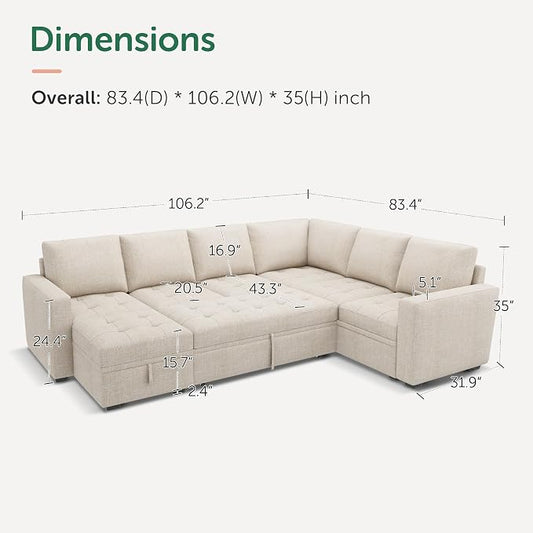 HONBAY Sectional Sleeper Sofa Couch with Pull Out Bed, Convertible L Shaped Couch with Storage, Sleeper Sectional Sofa Bed for Living Room, Beige