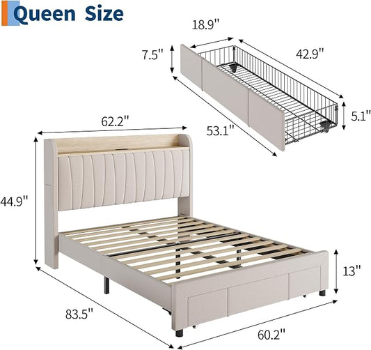 GarveeHome Upholstered Bed Frame with Storage Headboard and Charging Station, Platform Bed Frame with Drawers, Heavy Duty, No Box Spring Needed, Easy Assembly, Beige, Queen Size
