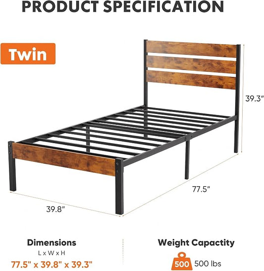 OLIXIS Twin Size Metal Platform Bed Frame - Mattress Foundation with Headboard and and Footboard, No Box Spring Needed with 700LBS Sturdy Wooden Slats Support, Noise Free, Easy Assembly