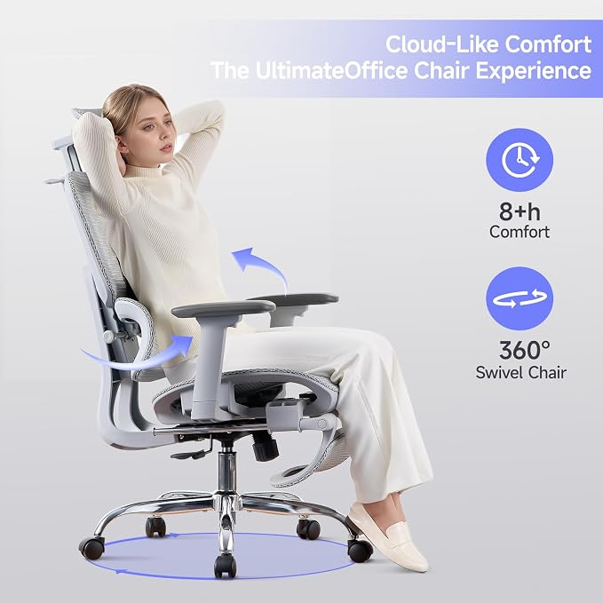 Office Chair with Footrest, Ergonomic Chair with 3D Headrest, Computer Chair with Adjustable Backrest & 3D Armrest, Gaming Chair with Adaptive Lumbar Support, Mesh Backrest & Cushion, Grey