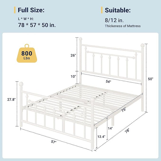 Allewie 14 Inch Full Size Metal Platform Bed Frame with Victorian Vintage Headboard and Footboard/Mattress Foundation/Under Bed Storage/No Box Spring Needed/Easy Assembly/Noise Free/White