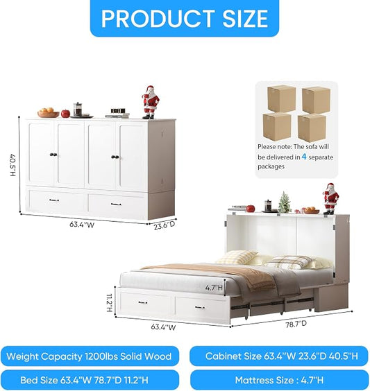 PUREMIND Queen Murphy Bed Cabinet, Multi-Functional Hideaway Cabinet Bed with Storage Drawer, USB Charging Ports and Folding Bedside Panel, Space Saving Chest Beds Wallbed for Guest Room, No Mattress