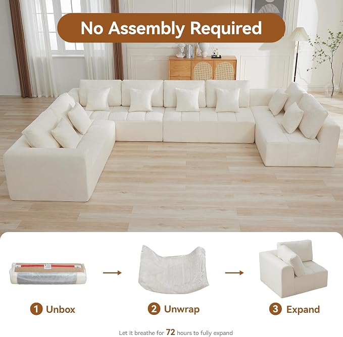 170''Modular Sectional Couches for Living Room, Cloud Boneless Compressed Sectional Sofa, Oversized U Shaped 8 Seater Upholstered Memory Foam Sofa, No Assembly, Chenille Beige