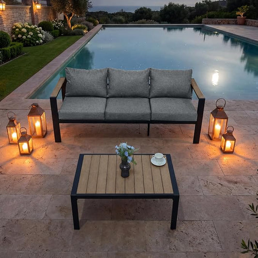 Patio Furniture Set 3 Seats Sofa and Coffee Table All-Weather Patio Sofa with Washable Thick Cushions, Deluxe Aluminum Modern Outside Sectional for Porch, Balcony, Deck, Yard, Light Gray