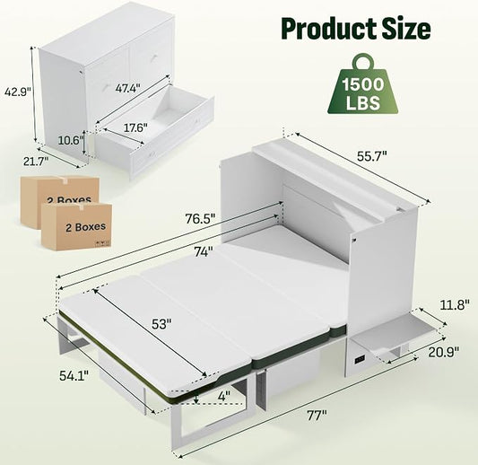 Softa Full Murphy Bed Cabinet with 4" Tri-Fold Mattress, Storage Drawer & Charging Station, 1200 Lb Heavy Duty Wood Wall Bed with Fold-Down Desk for Guest Room & Home Office, No Box Spring Needed
