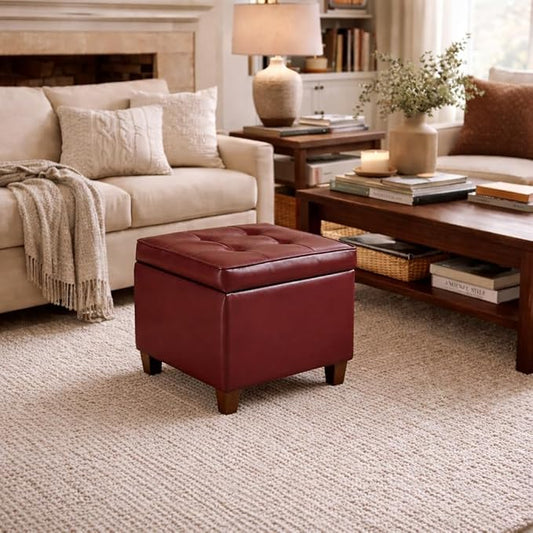 HomePop 18" Leatherette Tufted Square Storage Ottoman - Red