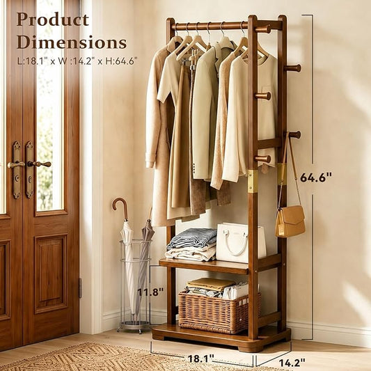 Taitiy Coat Rack Solid Wood Clothes Rack with 2 Shelves & 5 Hooks for Hanging Clothes Garment Wallets Hats, Clothing Rack Coat Rack Freestanding Hall Tree with Storage for Hallway Bedroom Living Room