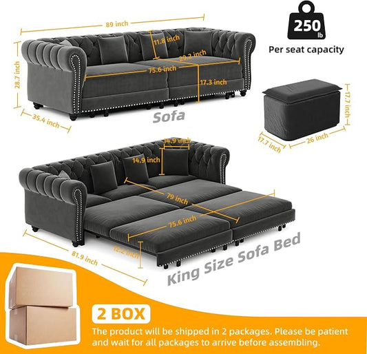 89'' Pull Out Sofa Bed King, Chesterfield Velvet Sleeper Sofa, Convertible L-Shaped Futon Couch, Tufted Back, 4 Pillows, Ottoman, Deep Seat Loveseat Couches for Living Room, Apartment, Gray