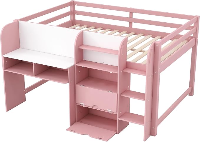 Bellemave Full Size Low loft Bed for Kids,Wood Modern Farmhouse Full Loft Bed with Desk, Storage Cabinets,Bookcase, No Box Spring Needed, Pink