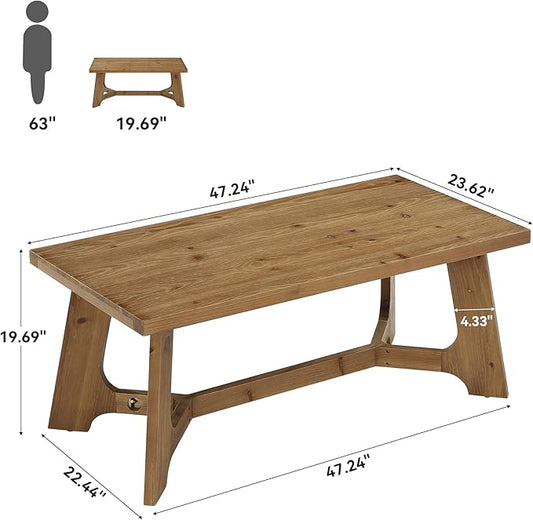 Solid Wood Coffee Table, 47-Inch Rectangle Coffee Table for Living Room, Farmhouse Accent Low Tea Tables for Home, Office, Brown