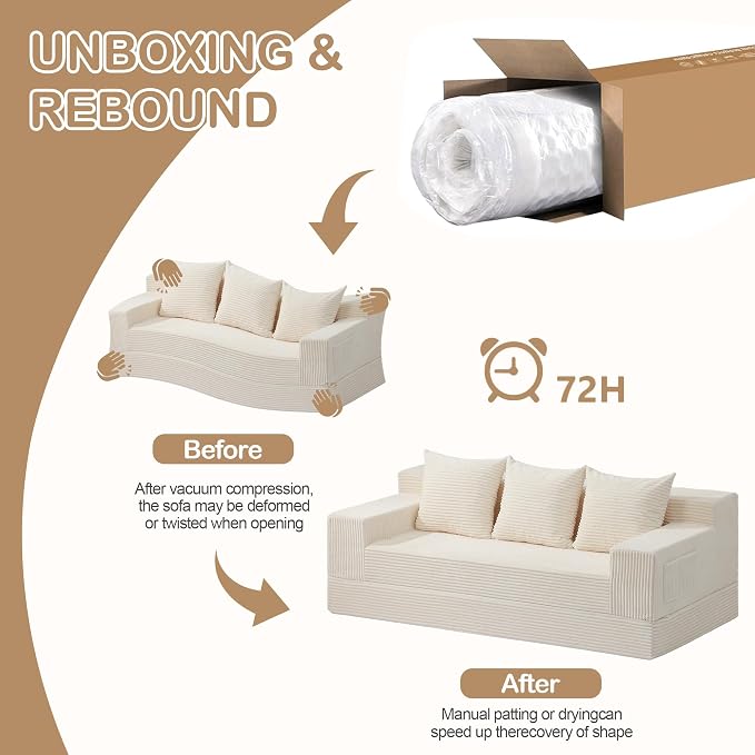 78.5” Convertible Sofa Bed,Corduroy 3 Seater Boneless Couch Bed Futon,Fold Out Couch with 3 Pillows,Loveseat Sleeper with Pull Out Bed for Living Room, Guest,Bedroom,Beige