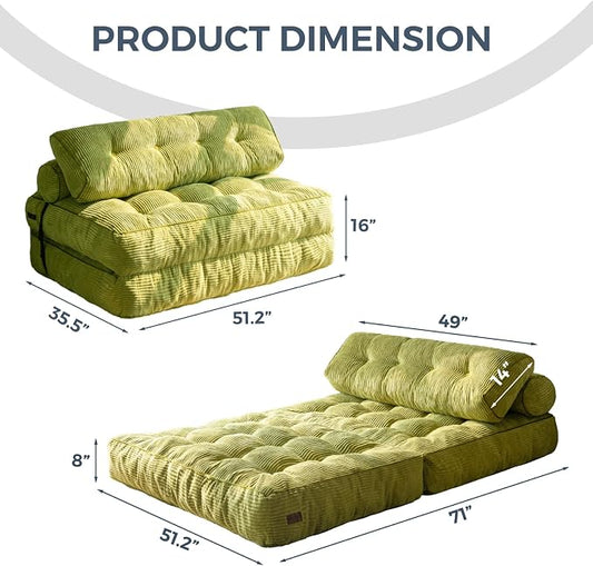 MAXYOYO Folding Sofa Bed, Convertible Chair with Pilow Foldable Couch with Back Support, Portable Fold Out Chair Bed for Living Room Bedroom, Green Double