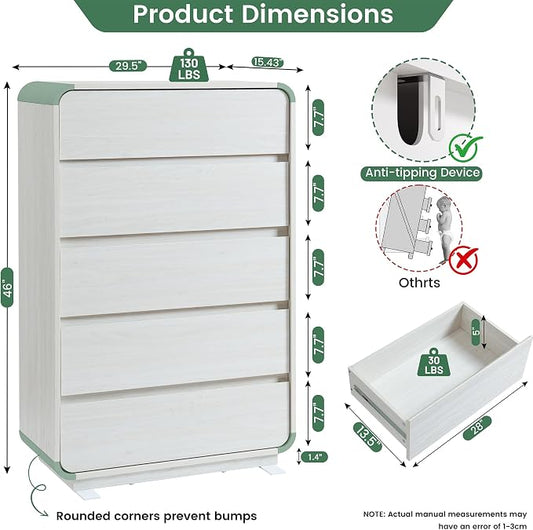Standifurno White 5 Drawers Dresser, Curved Dresser with Storage Organizer, Modern Drawer of Handleless, Large Chest of Drawers for Living Room, Nursery, Entryway, 29.5’’W