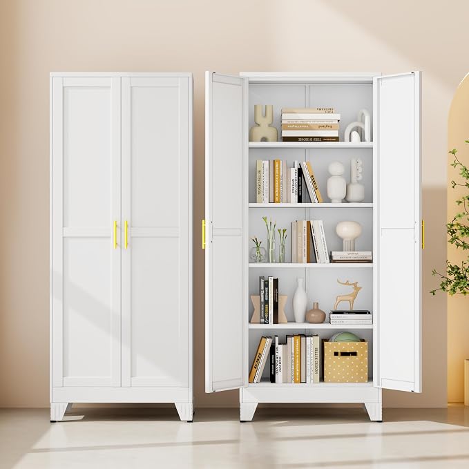 71" White Metal Storage Cabinet with 2 Doors and 4 Adjustable Shelves,Steel Garage Tool Cabinet, File Cabinet,Kitchen Pantry Cabinet for Home,Office,Garage,School,Warehouse