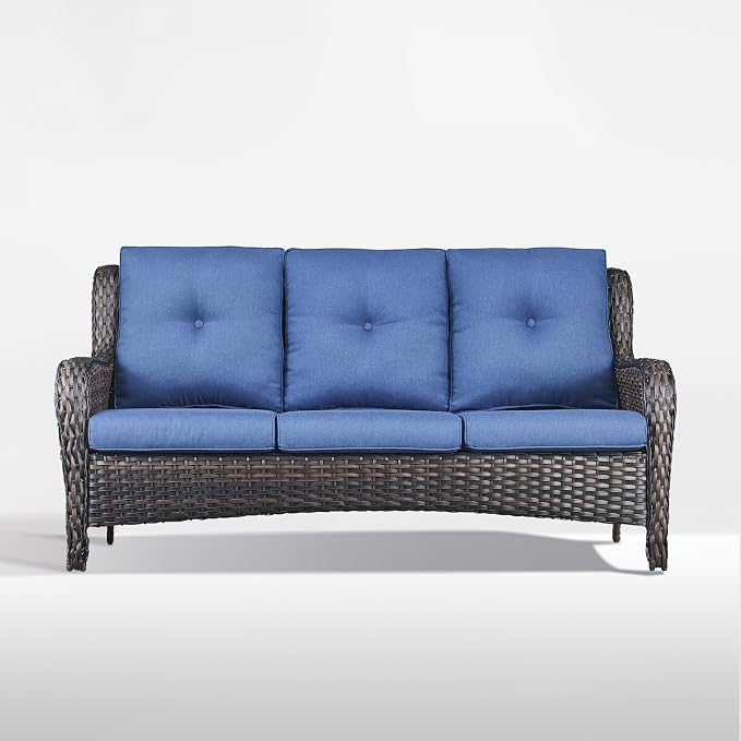 Outdoor Couch All Weather PE Wicker Patio Sofa Outdoor Sofa Deep Seating for Porch Deck Backyard-Brown/Blue