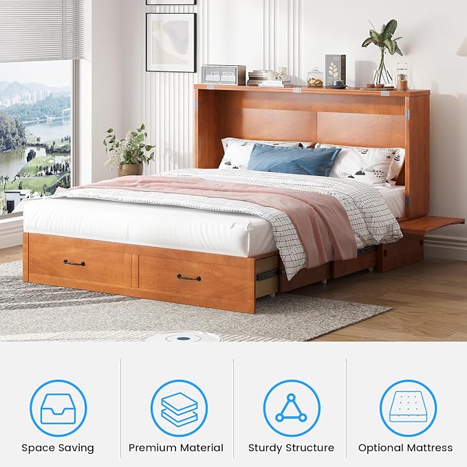 PUREMIND Queen Murphy Bed with Mattress Included, Murphy Cabinet Bed with Storage Drawer, Built-in Charging Station, Solid Wood Frame, Space-Saving Cabinet Beds for Small Spaces/Guest Room (Cherry)