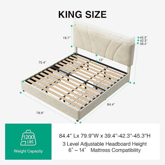 Novilla King Size Bed Frame with Storage Drawers, King Bed Frame and Headboard, King Bed Frame with LED Lights, Charging Station and Adjustable Headboard, No Box Spring Needed, White Velvet