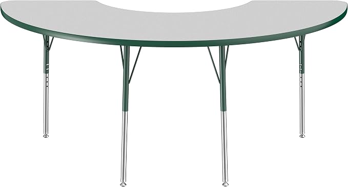 FDP Half Moon Activity School and Office Table (36 x 72 inch), Standard Legs with Swivel Glides for Collaborative Seating Environments, Adjustable Height 19-30 inches - Gray Top and Green Edge