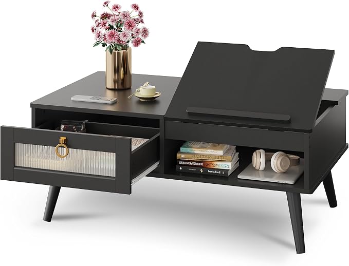 WLIVE Coffee Table, Lift Top Coffee Table with Storage Shelf, Drawer, Height Adjustable and Tilting Tabletop for Living Room, Mid Century Modern, Wood, Black