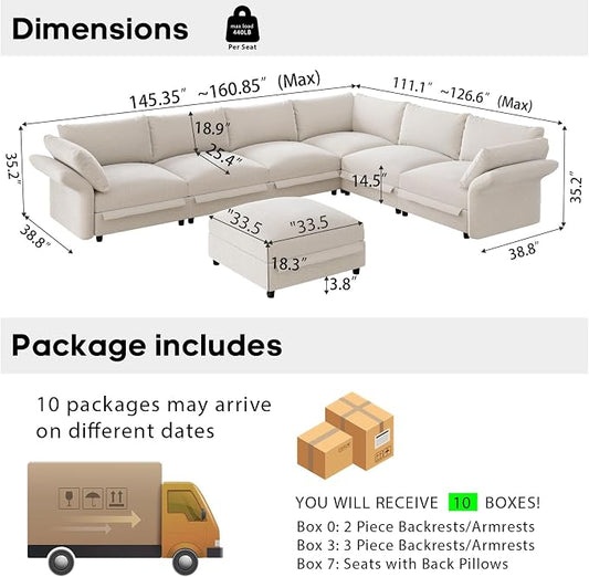 DreamDashio 160" 7-Seat L-Shaped Sectional Sofa, Oversized Modular Cloud Couch with Storage & Adjustable Backs, Beige Chenille for Living Room