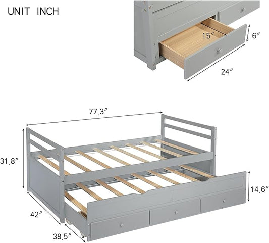 KEIKI Twin Bed Frame with Trundle & 3 Storage Drawers, Modern Captain’s Bed, Pine Platform Corner Bed with Headboard & Footboard for Living Room, Guest Room, or Bedroom, Gray