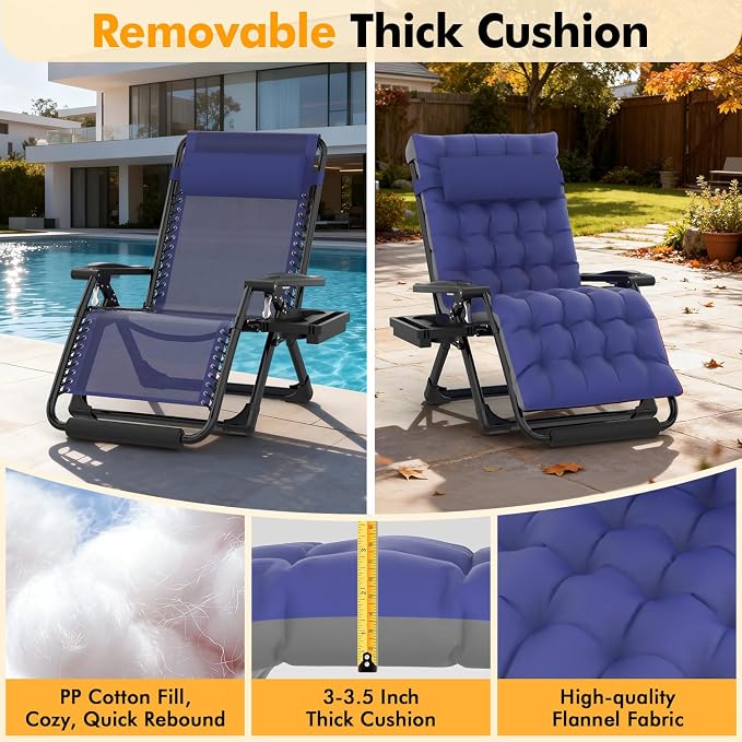 Slendor Zero Gravity Chair Oversized, 33In XXL Reclining Lounge Chair with Removable Cushion, Cup Tray, Footrest, Folding Reclining Camping Patio Recliner Chair w/Upgraded Lock,Blue