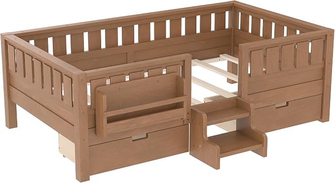 Bellemave Twin Bed with Storage Drawers & Bookshelf, Low Profile Kids Bed Frame with Staircase & Full Length Guardrails, Wood Twin Bed for Kids with Slats Load 300LBS, Easy Assembly, Oak Brown