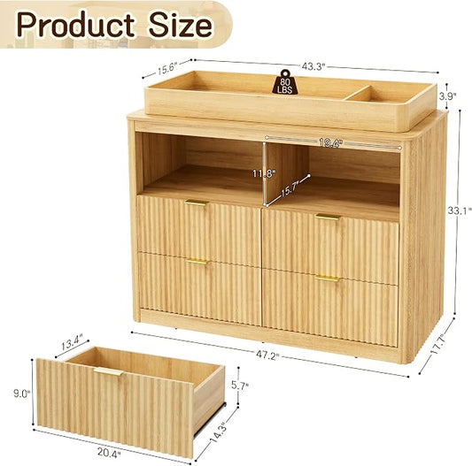 St.Mandyu Changing Dresser, 4 Large Drawers Wood Baby Nursery Dresser with Raised and Detachable Changing Table Top, Fluted Chest with Gold Handles, Large Storage Organizer for Nursery Room,Natural