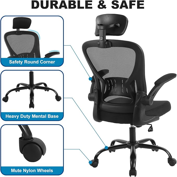 Youhauchair Mesh Office Chair, Ergonomic Computer Chair with Flip-up Arms and Lumbar Support, Height Adjustable Home Office Desk Chairs