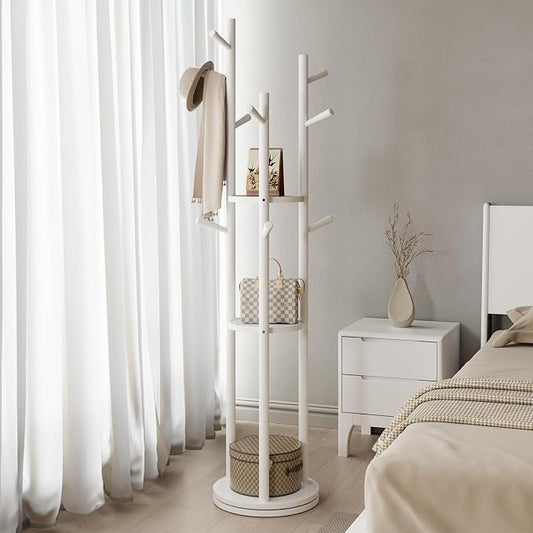 Muwuele Solid Wood Rotary Coat Rack, Freestanding Coat Rack with 3 Shelves and 9 Hooks, Coat tree for Bedroom, Entryway, Livingroom, Coat Hanger Stand for Coats, Scarves, Handbags (White)